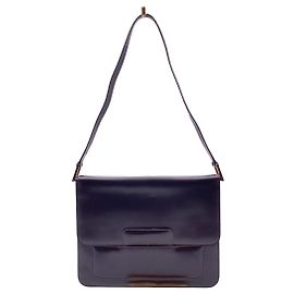 Gucci Bolsa de ombro plana com aba em couro box calf marrom escuro vintage Marrom
