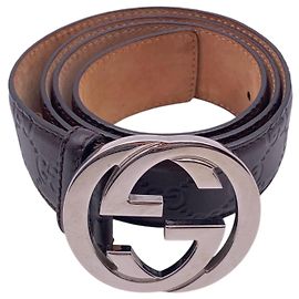 Gucci Brown Leather ssima Silver Interlocking Belt Size 90/36 Brown