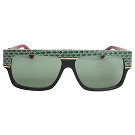 Gucci Grün-schwarze rechteckige Sonnenbrille mit Python-Besatz Grün