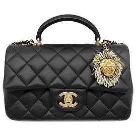 Chanel Black Mini Rectangular Classic Lambskin Lion Charm Top Handle Flap Nero