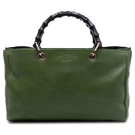 Bolsa Shopper Gucci Green em couro de bezerro Medium com alça de bambu Verde