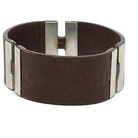 Chanel Brown Debossed Leather and Brass Logo Cuff Bracelet Other