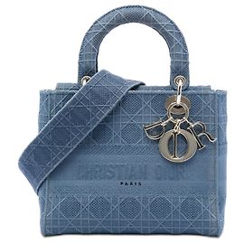 Dior Blue Medium Embroidered Canvas Cannage Lady D Lite Blu Altro
