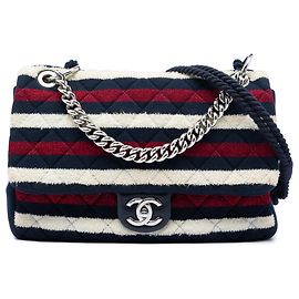Chanel Blue Jumbo Stripe Jersey Felt e Corda Flap Azul Azul marinho