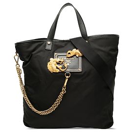 Sac à main Prada Black Saffiano Trimmed Tessuto Animalier Dragon Noir