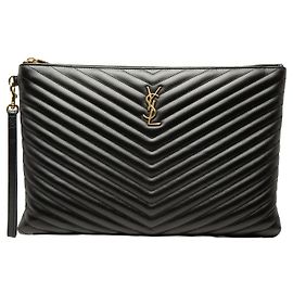 Portadocumentos Cassandre en piel de becerro negro con chevron Saint Laurent Negro