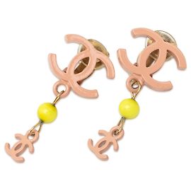 Chanel Pink CC Gold Plated Resin Drop Clip On Earrings Pink