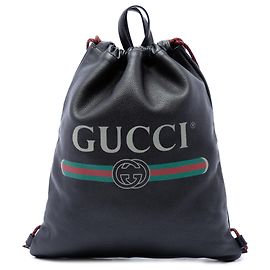 Gucci Black Grained Calfskin Web Logo Drawstring Backpack Black
