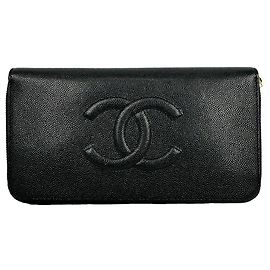 Portafoglio lungo con zip Chanel Timeless CC in pelle caviar nera Nero