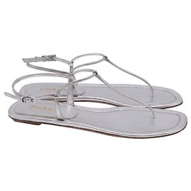 Prada T-Strap Flat Sandals in Metallic Silver Leater Silvery Metallic
