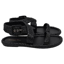 Dior Woven Ocean Flat Thong Sandals in Black Raffia Black