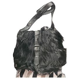 Longchamp Bolsa de mão em couro preto e pele Preto