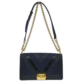 Chanel Boy Flap Chevron Caviar e Calfskin Old Medium Azul marinho