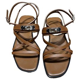 Hermès June Brown Leather Strappy Sandals with Silver Hardware Brown