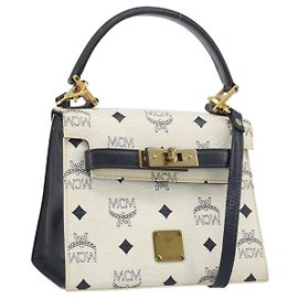 Bolsa MCM Vicetos Logogram PVC Couro 2way White Gold Auth 193908 Branco Dourado