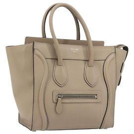 Céline Bolsa CELINE Luggage Micro shopper de Couro Bege Auth 194755SAM Bege