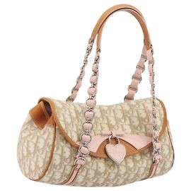 Christian Dior Trotter Canvas Romantic Chain Bag PVC Beige Silber Auth 192923SAM Silber Beige