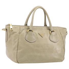 Bolsa PRADA de couro 2way Beige Gold Auth 193894A Bege Dourado