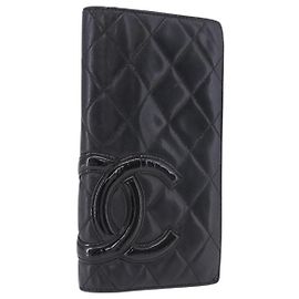 CHANEL Cambon Line Long Wallet Lamb Skin Black CC Auth 192549 Black