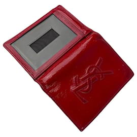 Porte-cartes en cuir brillant vintage Yves Saint Laurent rouge argent Rouge