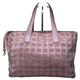 Tote de lona Vintage Chanel Rosa Bege Prata Rosa