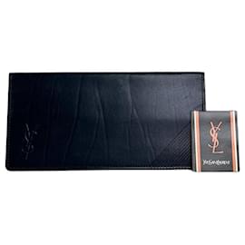 Portefeuille long en cuir vintage Yves Saint Laurent Bleu marine foncé Or Bleu Marine