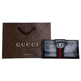 Cartera de Cuero Vintage Gucci Web Stripe Negra Oro Verde