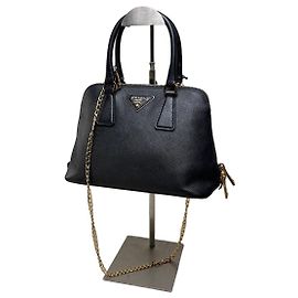 Bolsa de Mão Vintage Prada em Couro Saffiano Azul Escuro Dourado Azul marinho