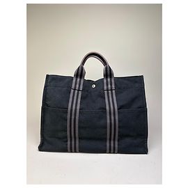 Hermès Bolso Tote Vintage Hermes de lona Negro Gris Oscuro Negro