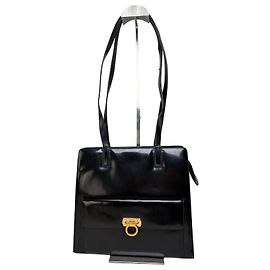 Salvatore Ferragamo Borsa Tote Vintage Ferragamo in Pelle Vernice Nera e Oro Nero
