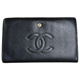 Vintage Chanel Grained Leather Wallet Black Gold Snap Black