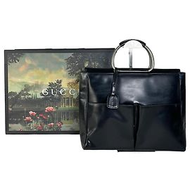Sac cabas vintage Gucci en cuir noir avec anses argentées Noir