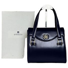 Bolsa de Couro Vintage Givenchy 4G Logo Azul Marinho Dourado Azul marinho
