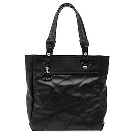 Black Chanel Small Quilted Coated Canvas Paris Biarritz Tote Black