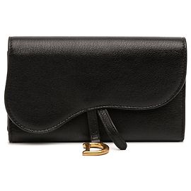Black Dior Goatskin Saddle Long Wallet Black