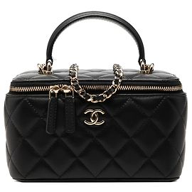 Black Chanel Small Lambskin Top Handle Vanity Case with Chain Satchel Black