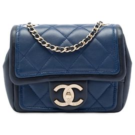 Borsa a tracolla Chanel Mini Square in pelle di vitello blu con grafica Blu