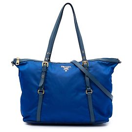 Borsa Tote Convertible Prada Saffiano Trimmed Tessuto con Zip Blu Blu
