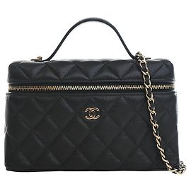 Mini Vanity Case Chanel Black CC Quilted Caviar Slim com bolsa de corrente Preto