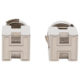 Silver Hermès Palladium Plated Cage dH Cube Push Back Earrings Silvery