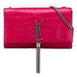 Pink Saint Laurent Medium Croc Embossed Leather Kate Tassel Crossbody Pink