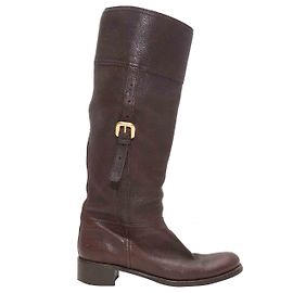 Brown Prada Knee-High Leather Buckle Boots Size 37 Brown