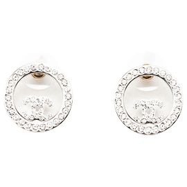 Silver Chanel CC Brass Strass Push Back Earrings Silvery