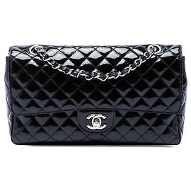 Black Chanel Medium Quilted Patent Secret Label Flap Shoulder Bag Black