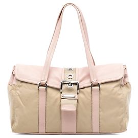Bolsa de ombro Prada Vitello Trimmed Tessuto Bege Bege