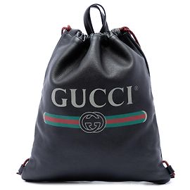 Black Gucci Grained Calfskin Web Logo Drawstring Backpack Black