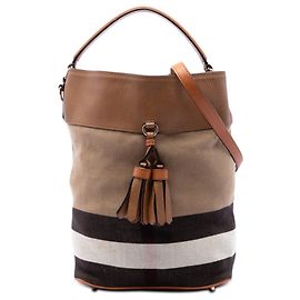 Bolsa Bucket Ashby com borlas em lona Mega Check castanha e couro de bezerro grão Burberry Medium Marrom