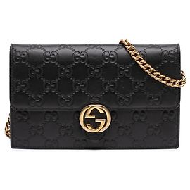 Bolsa Crossbody com Alça de Corrente Gucci Guccissima preta com G entrelaçados Preto