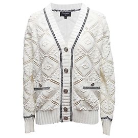 Weiß-schwarzer Chanel V-Ausschnitt Cardigan Größe FR 34 Weiß