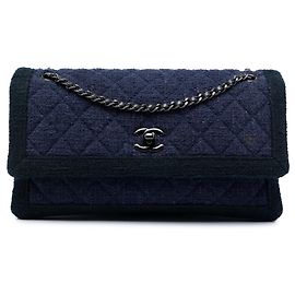 Blue Chanel CC gesteppte Tweed-Schultertasche mit Akkordeon-Klappe Blau